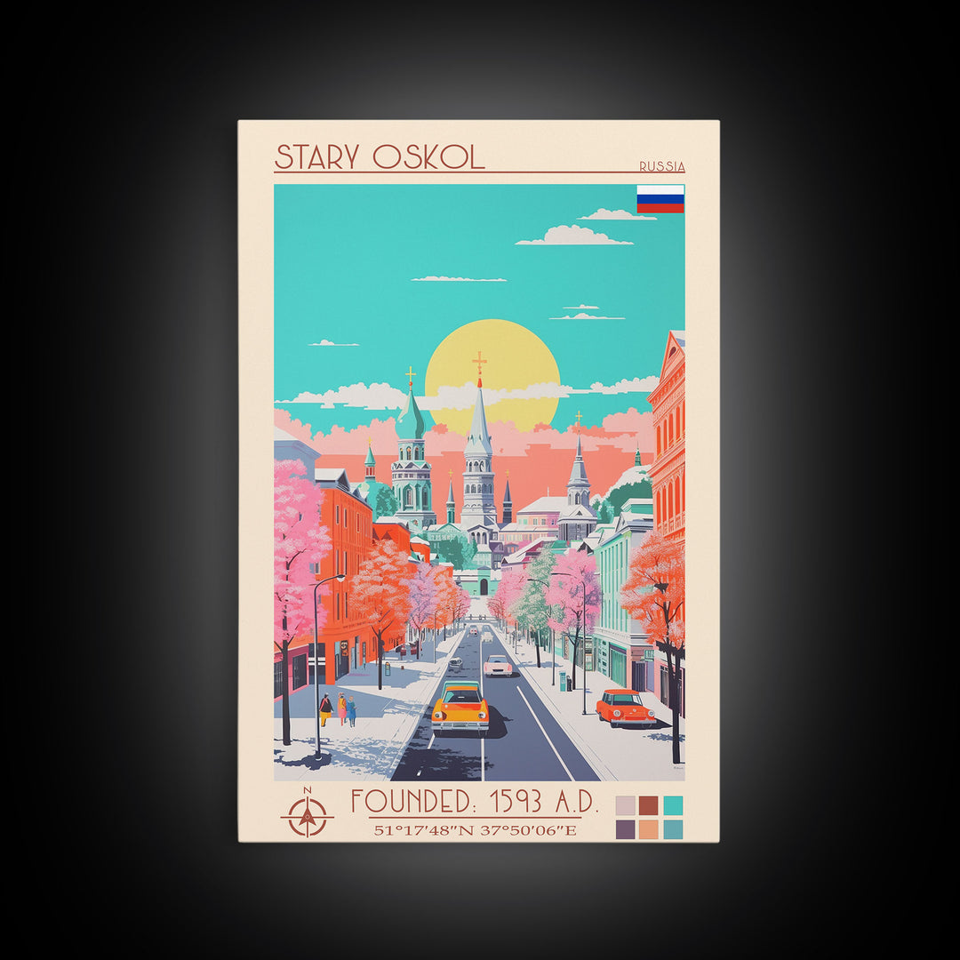 Stary Oskol Russia Travel Poster Framed Canvas Print, Midcentury Modern Art, Pop Art Wall Decor, Living Room Art, Scenic Wall Art