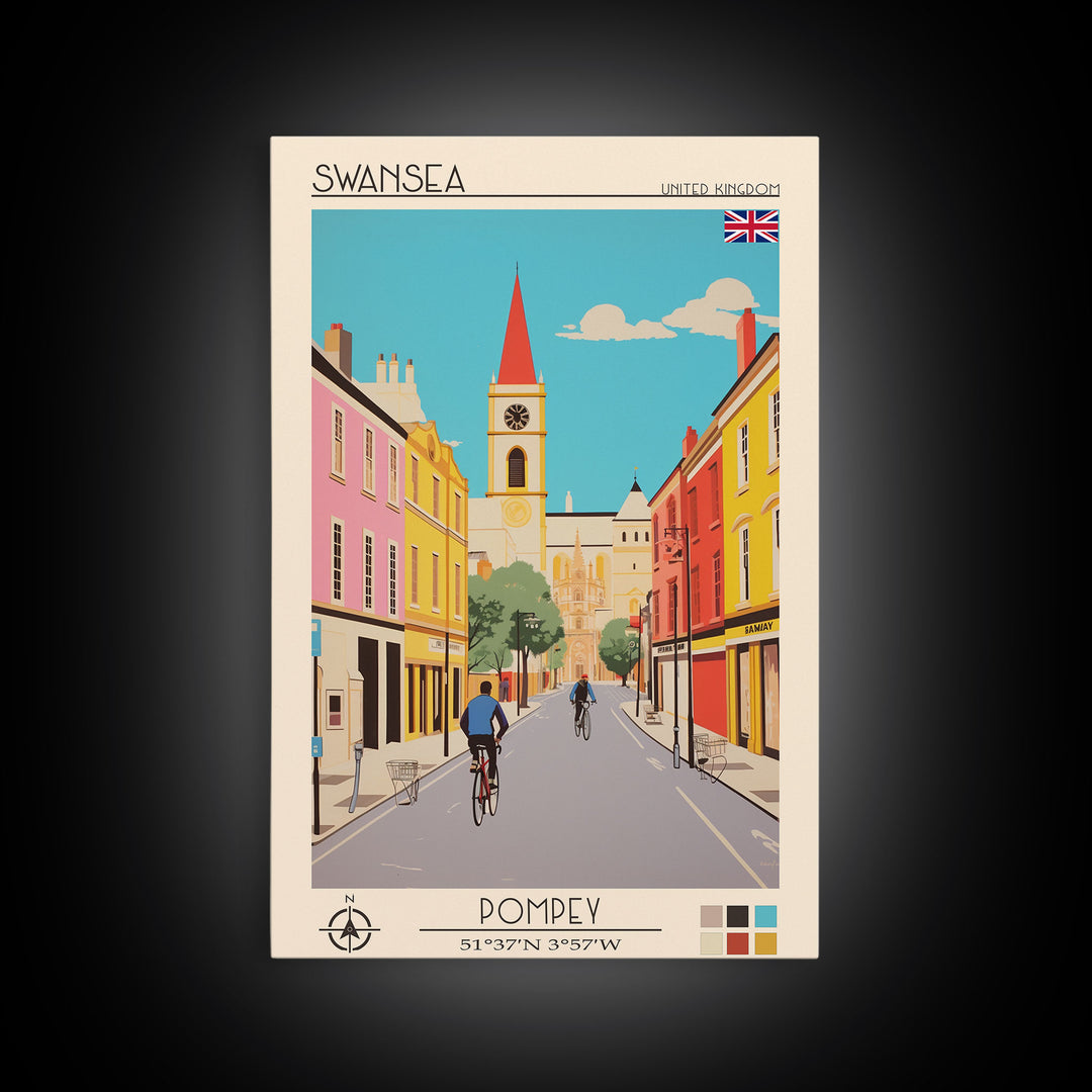 Swansea United Kingdom Travel Poster Framed Canvas Print, Midcentury Modern Art, Pop Art Wall Decor, Living Room Art, Home Decoration