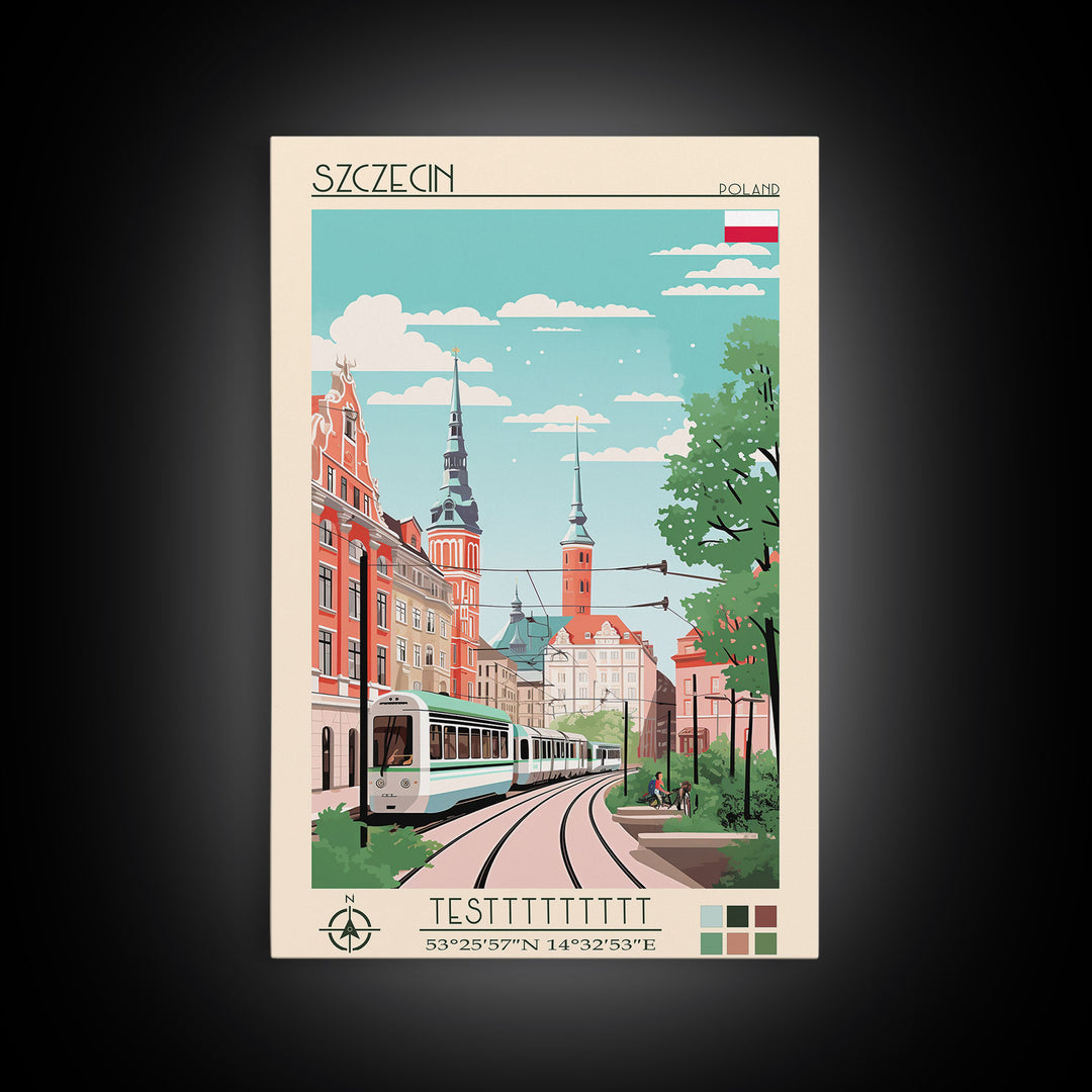 Szczecin Poland Travel Poster Framed Canvas Print, Midcentury Modern Art, Pop Art Wall Decor, Living Room Art, Scenic Wall Art