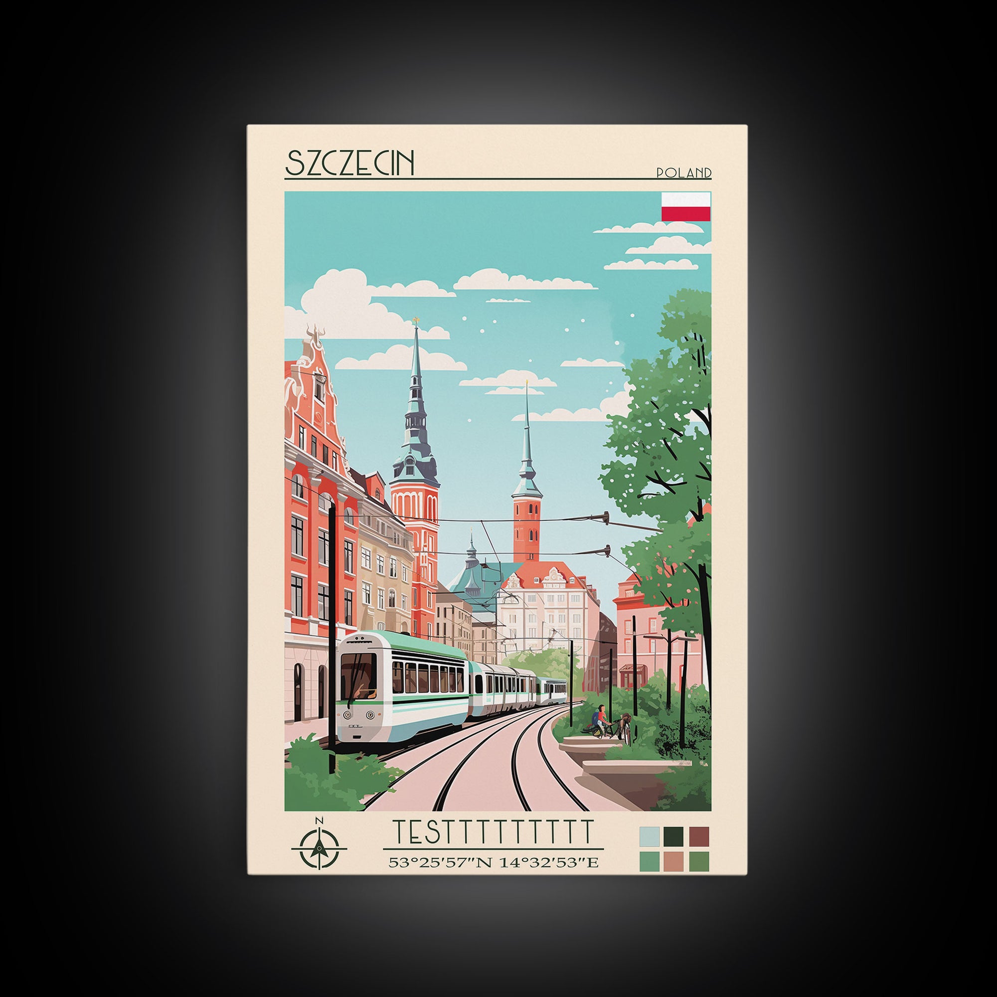 Szczecin Poland Travel Poster Framed Canvas Print, Midcentury Modern Art, Pop Art Wall Decor, Living Room Art, Scenic Wall Art