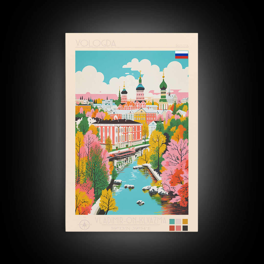 Vologda Russia Travel Poster Framed Canvas Print, Midcentury Modern Art, Pop Art Wall Decor, Living Room Art, Home Decoration