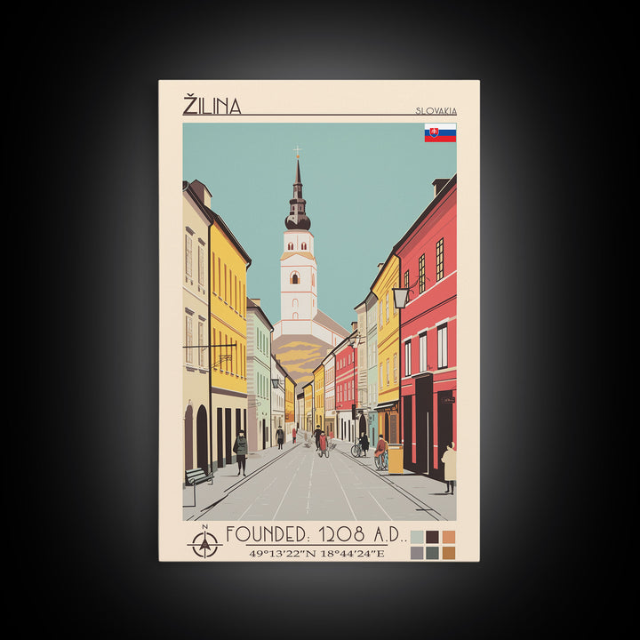Žilina Slovakia Travel Poster Framed Canvas Print, Midcentury Modern Art, Pop Art Decor, Living Room Wall Art, Vacation Gift, Scenic Print
