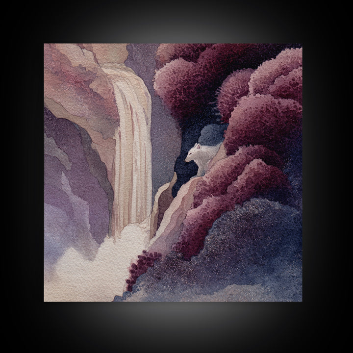 Mythic Waterfall Guarded by White Wolves Framed Canvas Print, Fantasy Art, Dragon Art, Living Room Decor, Watercolor Art, FAN-1x1-24