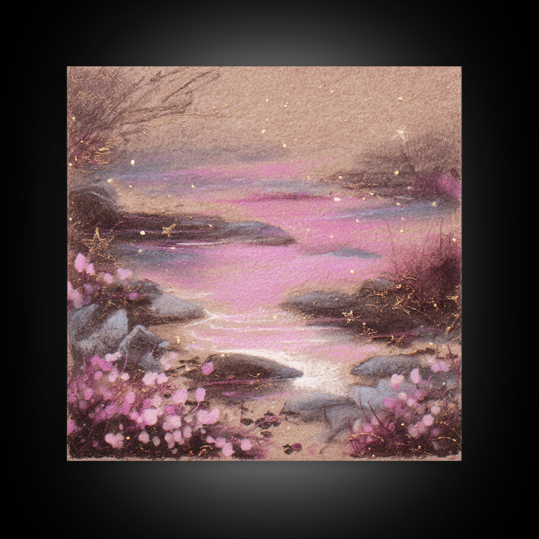 Mermaid Lagoon with Bioluminescent Water Framed Canvas Print, Fantasy Art, Gallery Decor, Living Room Decor, Fine Art, Mythic, FAN-1x1-32