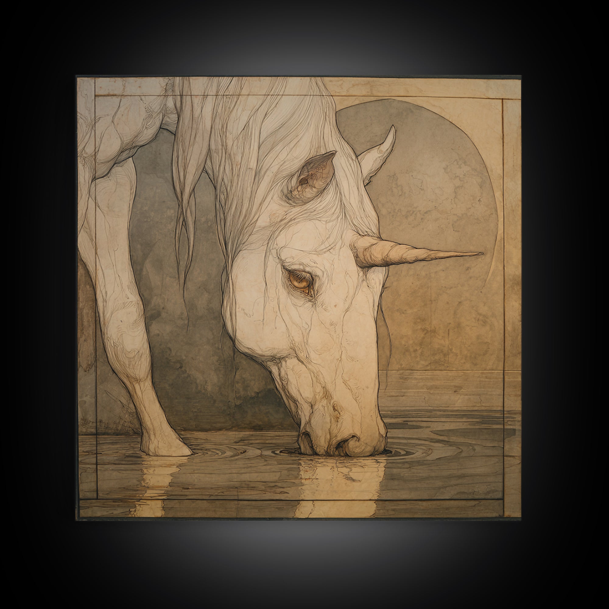 Unicorn Drinking from a Silver Stream Framed Canvas Print, Fantasy Art, Art Print, Living Room Decor, Fine Art, Mythic, FAN-1x1-40