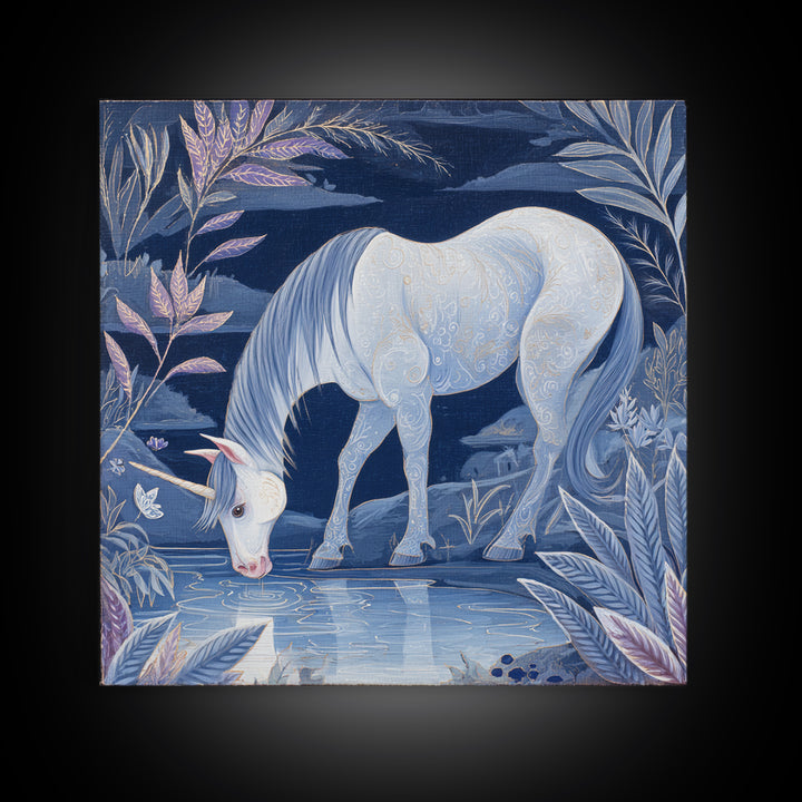 Unicorn Drinking from a Silver Stream Framed Canvas Print, Fantasy Art, Textured Painting, Living Room Decor, Fine Art, Mythic, FAN-1x1-88