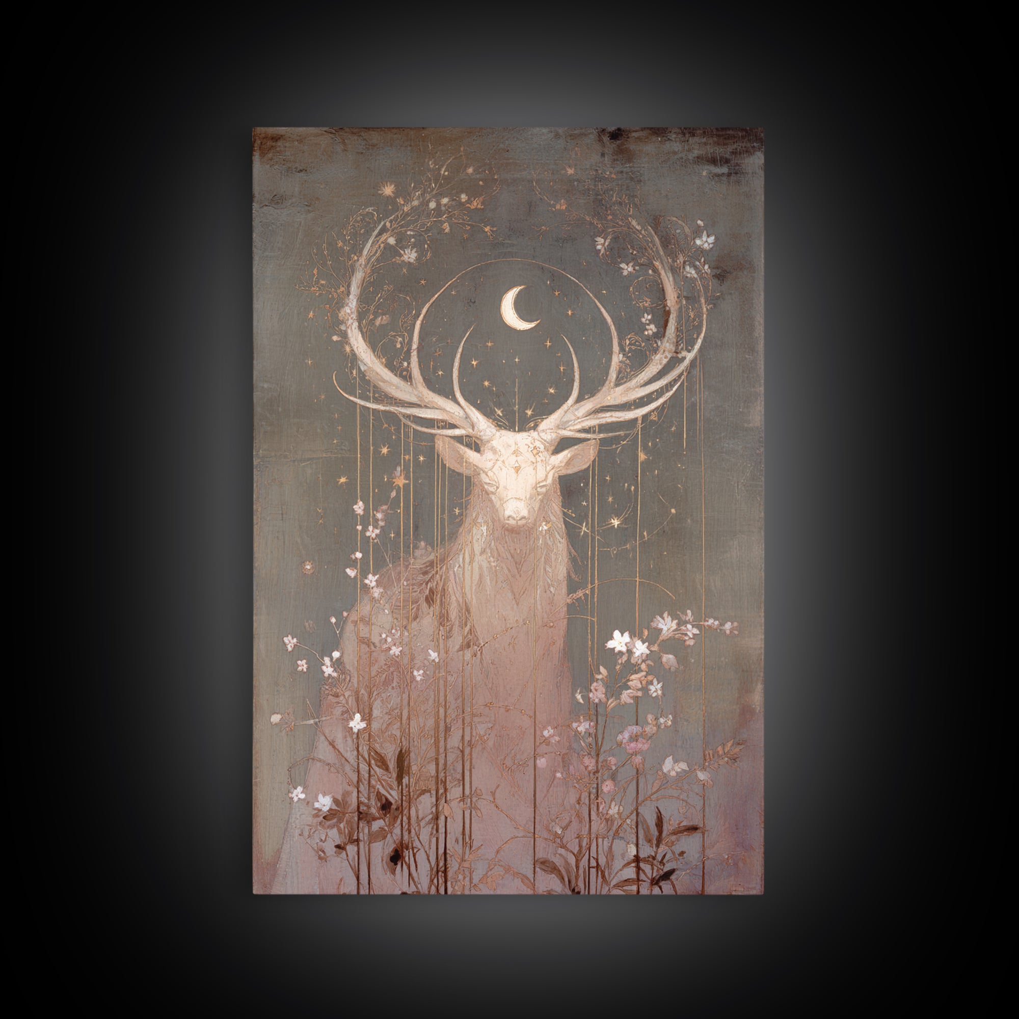 Forest Spirit with Antlers and Glowing Eyes Framed Canvas Print, Fantasy Art, Print, Living Room Decor, Fine Art, Mythic, FAN-2x3-20