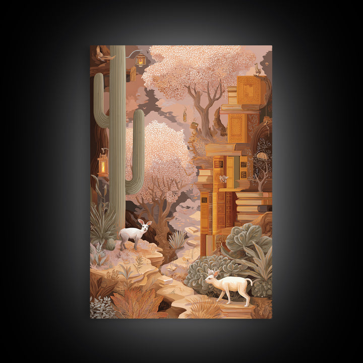 Enchanted Library with Floating Books Framed Canvas Print, Fantasy Art, Statement Artwork, Living Room Decor, Fine Art, Mythic, FAN-2x3-4