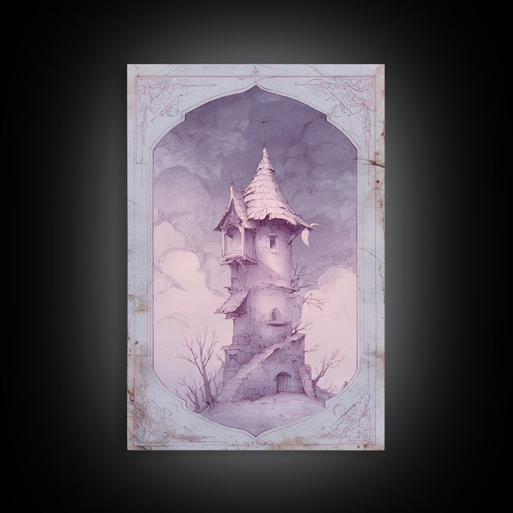 Wizard Tower under a Violet Storm Sky Framed Canvas Print, Fantasy Art, Wall Art, Living Room Decor, Fine Art, Mythic, FAN-2x3-60