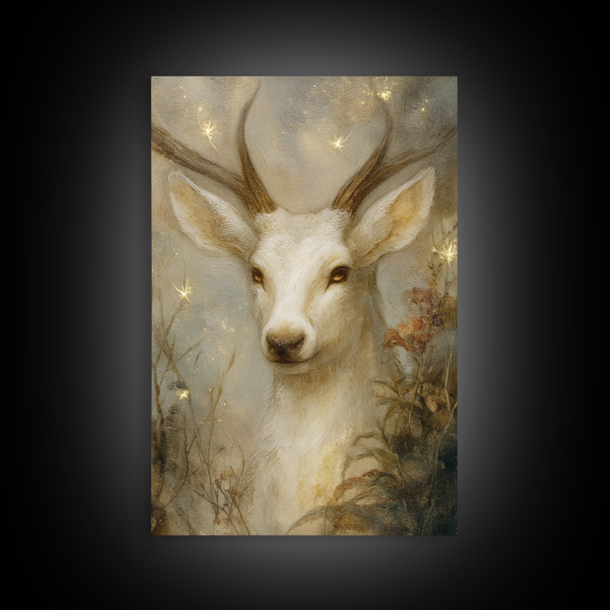 Mythic Waterfall Guarded by White Wolves Framed Canvas Print, Fantasy Art, Fantasy Art Prints, Living Room Decor, Oil Painting, FAN-2x3-8