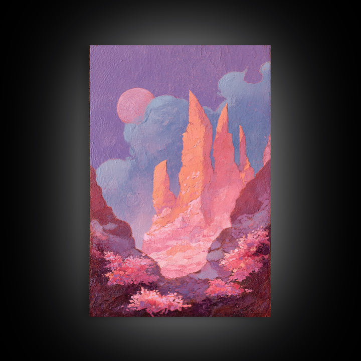 Wizard Tower under a Violet Storm Sky Framed Canvas Print, Fantasy Art, Dragon Art, Living Room Decor, Fine Art, Mythic, FAN-2x3-84