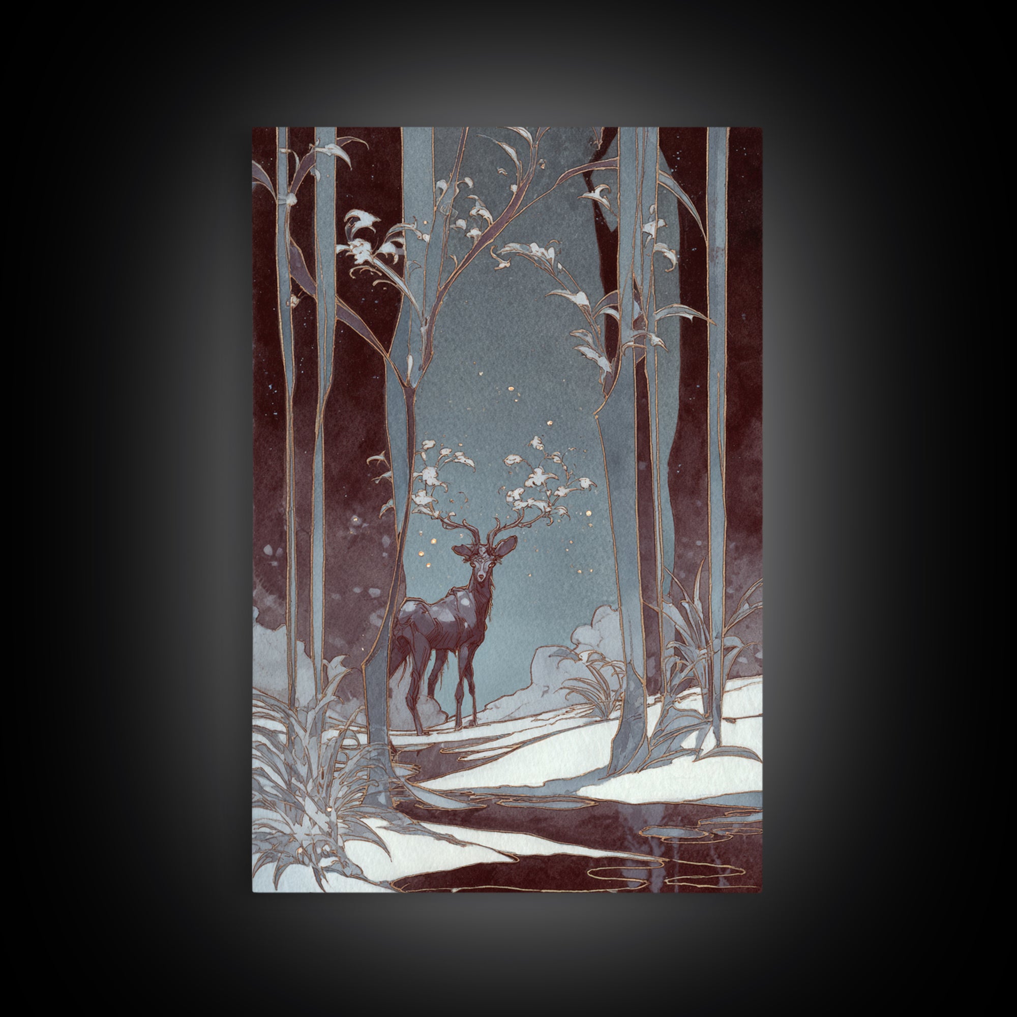 Forest Spirit with Antlers and Glowing Eyes Framed Canvas Print, Fantasy Art, Gallery Decor, Living Room Decor, Mythic, FAN-2x3-92