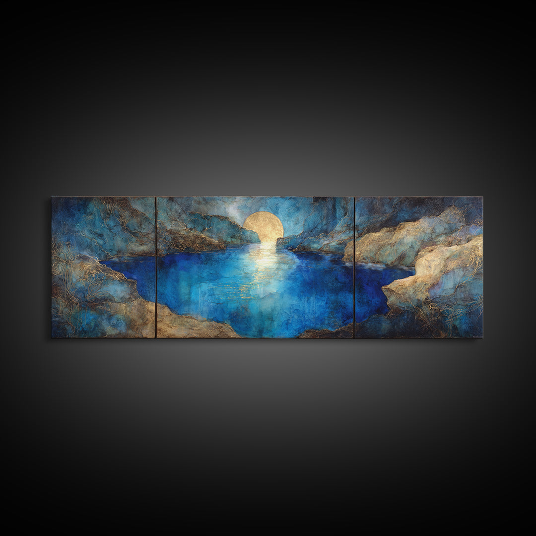Crystal Cave with Luminous Blue Reflections Canvas Print, Fantasy Art, Art Print, Living Room Decor, Oil Painting, Mythic, FAN-3x1-70