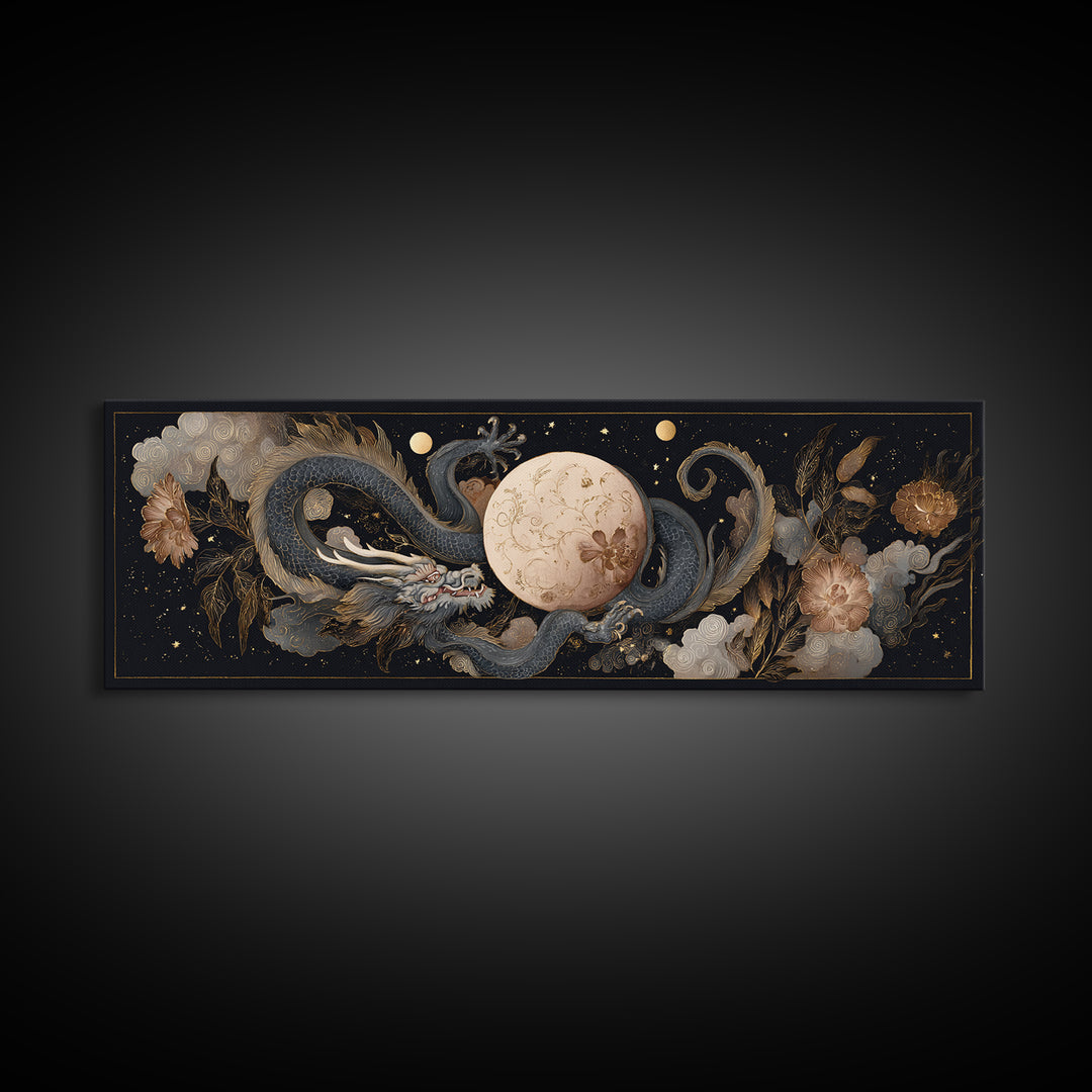 Celestial Dragon Wrapped Around a Moon Canvas Print, Fantasy Art, Art, Living Room Decor, Fine Art, Mythic, Watercolor Painting, FAN-3x1-78