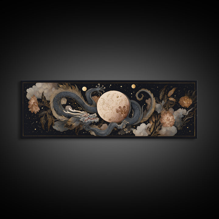 Celestial Dragon Wrapped Around a Moon Canvas Print, Fantasy Art, Art, Living Room Decor, Fine Art, Mythic, Watercolor Painting, FAN-3x1-78
