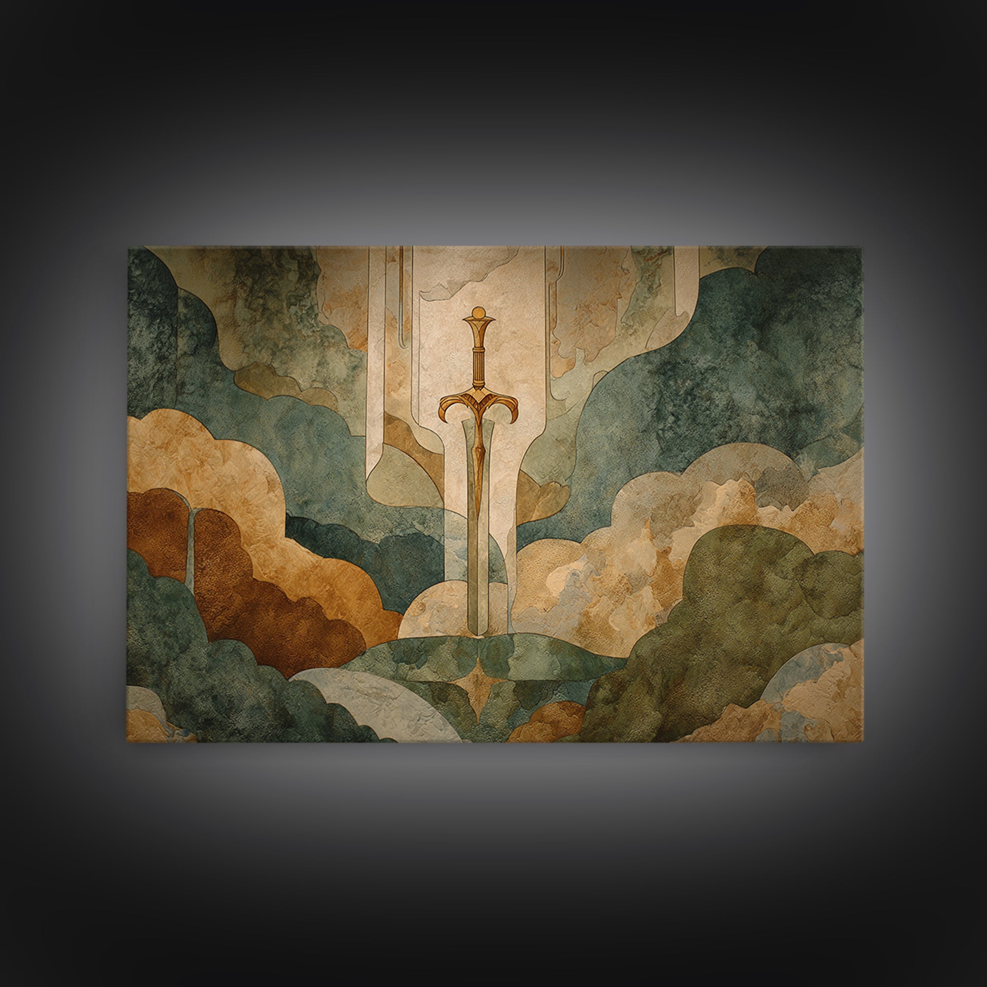 Magic Sword Embedded Framed Canvas Print, Fantasy Art, Neutral Decor, Living Room Decor, Fine Art, Mythic, Wall Art, Home Decor, FAN-3x2-39