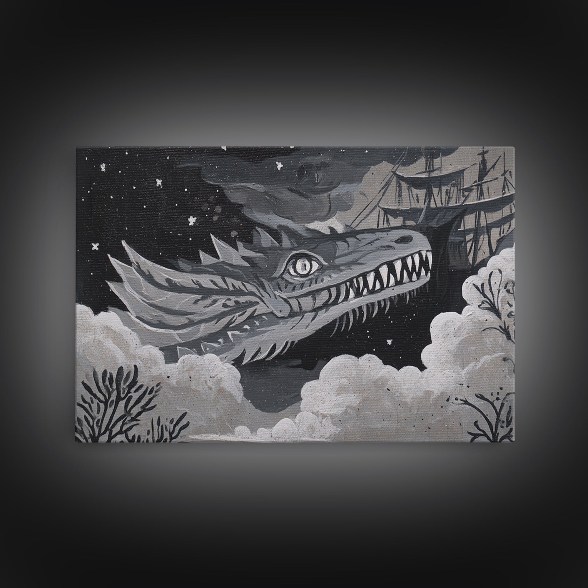 Dragon Soaring Above Jagged Mountain Peaks Canvas Print, Fantasy Art, Surreal Art, Living Room Decor, Fine Art, Mythic, FAN-3x2-53