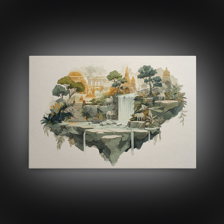 Floating Island with Waterfalls and Ancient Ruins Canvas Print, Fantasy Art, Fantasy Art Print, Living Room Decor, Mythic, FAN-3x2-79