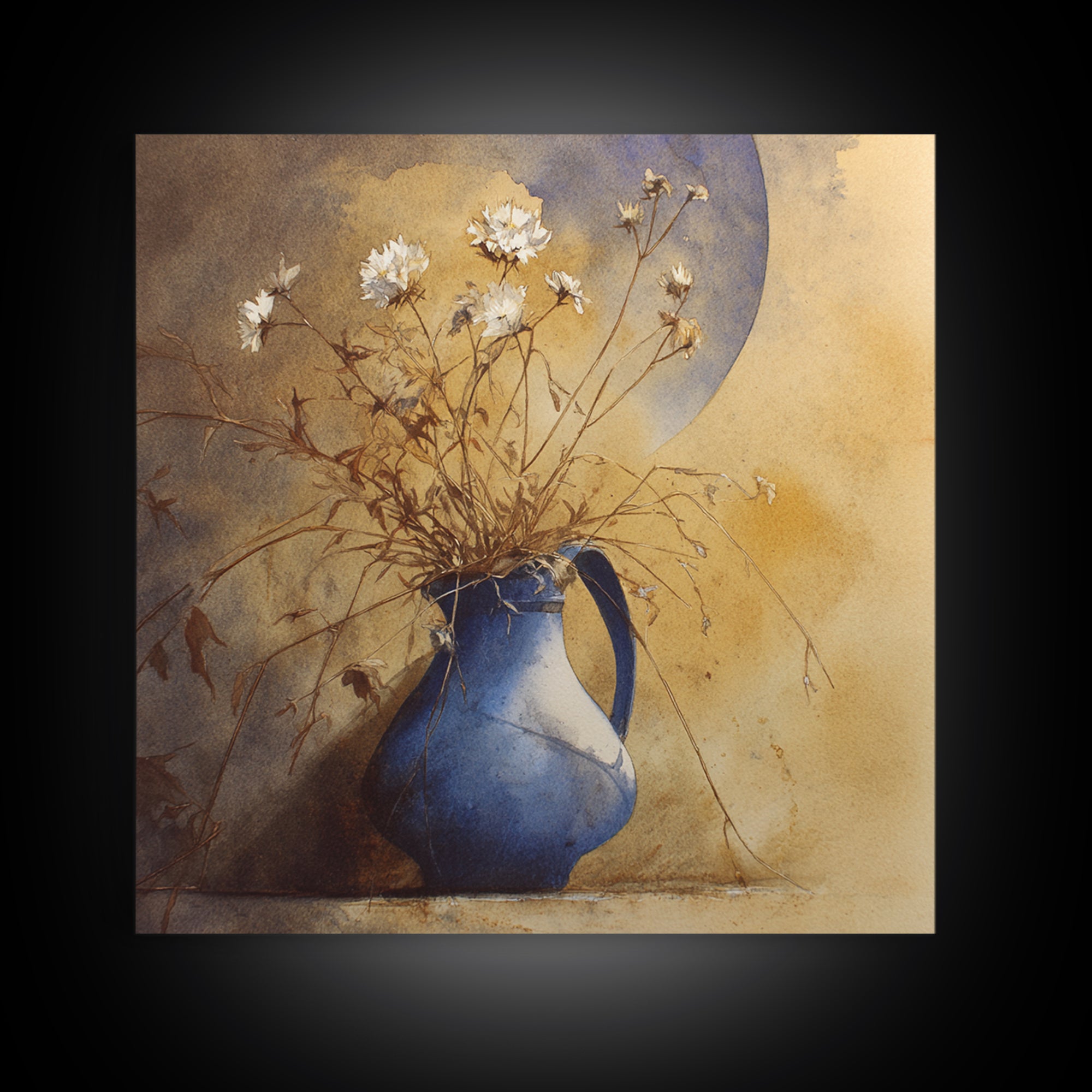 Blue Enamel Pitcher Framed Canvas Print, Farmhouse Art, Art Print, Farmhouse Decor, Watercolor Art, Harvest, Digital Art, FAR-1x1-40