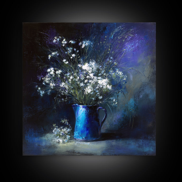 Blue Enamel Pitcher Framed Canvas Print, Farmhouse Art, Farmhouse Decor, Oil Painting, Harvest, Digital Wall Art, FAR-1x1-88