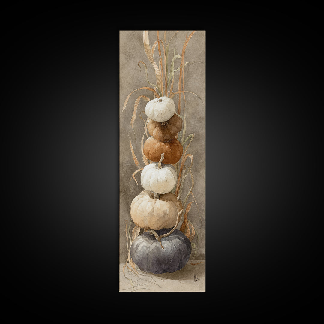 Pumpkins Stacked on a Wooden Crate Canvas Print, Farmhouse Art, Landscape Painting, Farmhouse Decor, Watercolor Art, Harvest, FAR-1x3-1