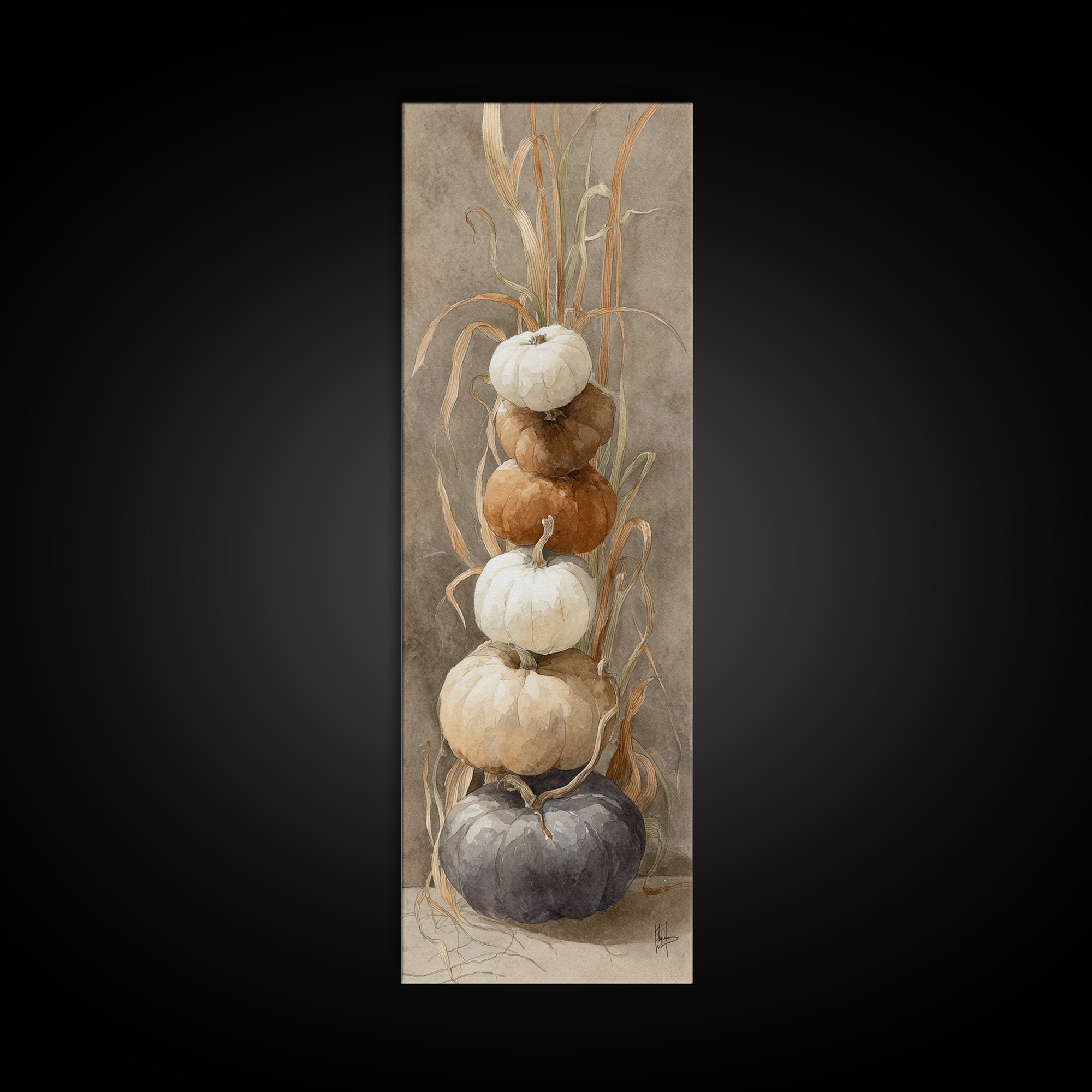 Pumpkins Stacked on a Wooden Crate Canvas Print, Farmhouse Art, Landscape Painting, Farmhouse Decor, Watercolor Art, Harvest, FAR-1x3-1