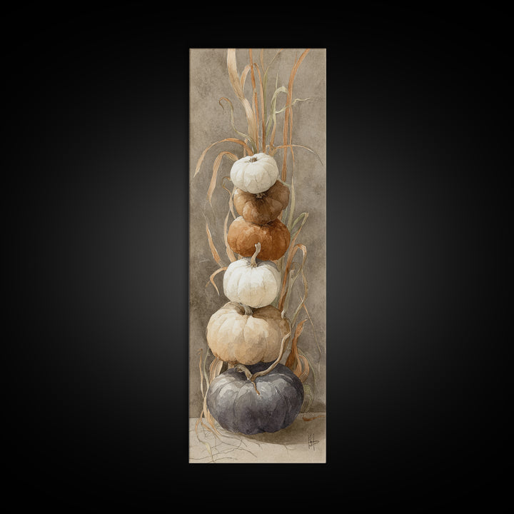 Pumpkins Stacked on a Wooden Crate Canvas Print, Farmhouse Art, Landscape Painting, Farmhouse Decor, Watercolor Art, Harvest, FAR-1x3-1