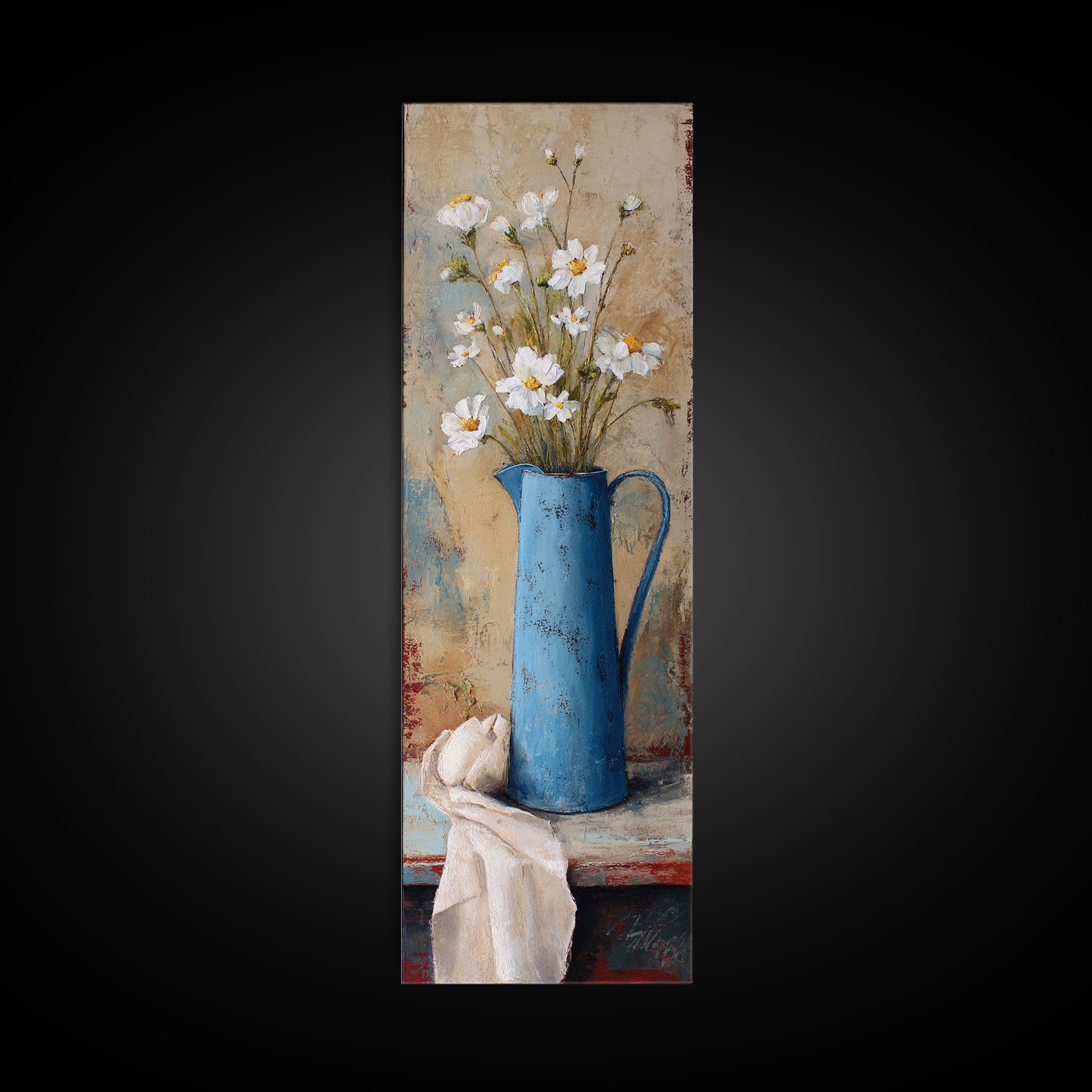 Blue Enamel Pitcher Canvas Print, Farmhouse Art, Sage Green Wall Art, Farmhouse Decor, Oil Painting, Harvest, Gallery Decor, FAR-1x3-100