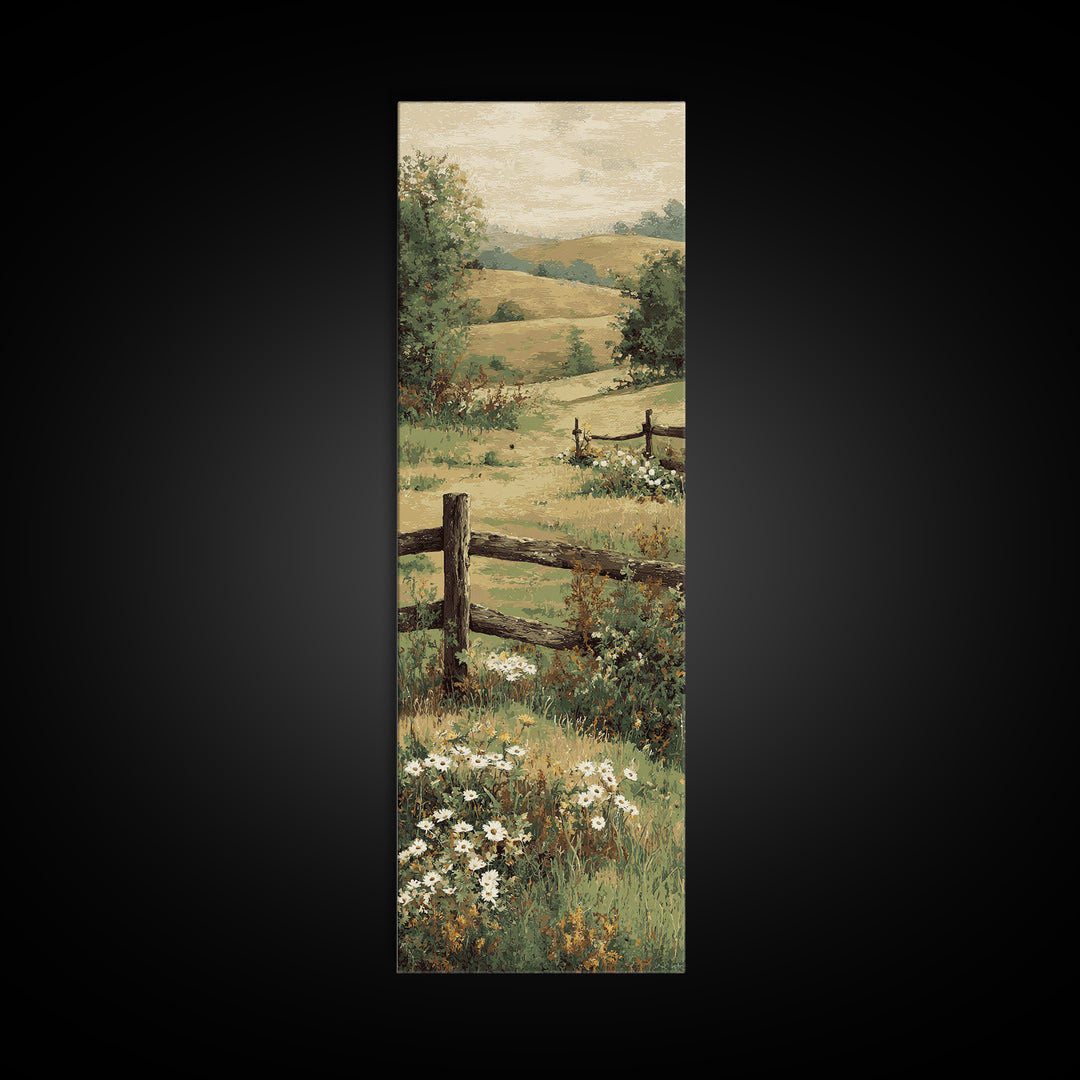 Country Landscape with Fence and Rolling Hills Canvas Print, Farmhouse Art, Floral Wall Art, Farmhouse Decor, Fine Art, Harvest, FAR-1x3-26