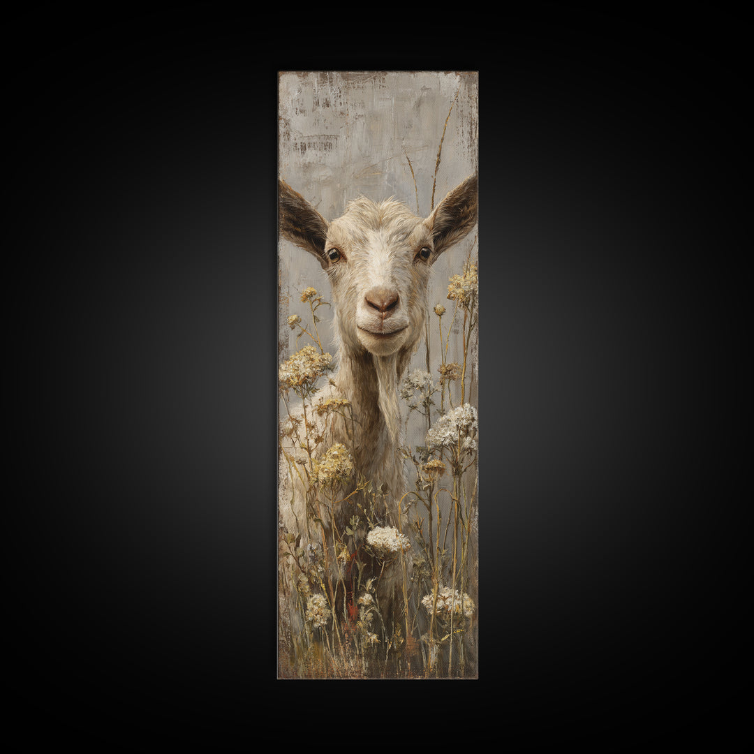 Goat Portrait with Playful Expression Framed Canvas Print, Farmhouse Art, Landscape Painting, Farmhouse Decor, Oil Painting, FAR-1x3-30