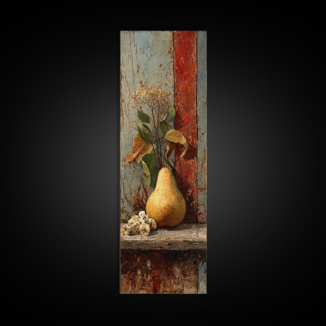 Rustic Pear Still Life on Plank Wood Framed Canvas Print, Farmhouse Art, Digital Prints, Farmhouse Decor, Watercolor Art, FAR-1x3-31