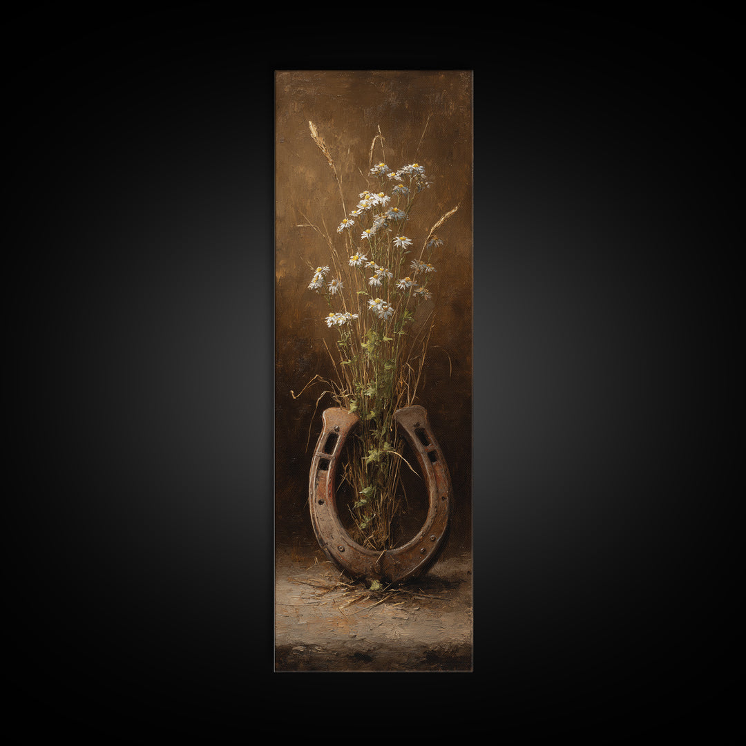 Weathered Horseshoe and Wildflowers Canvas Print, Farmhouse Art, Digital Print, Farmhouse Decor, Oil Painting, Harvest, FAR-1x3-33