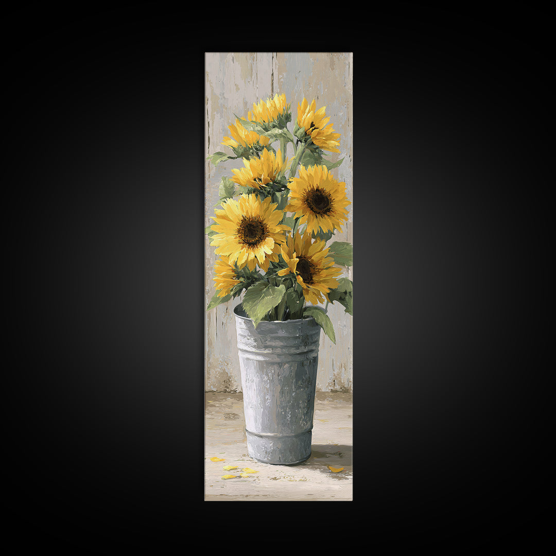 Sunflowers in a Galvanized Metal Bucket Canvas Print, Farmhouse Art, Digital Art, Farmhouse Decor, Oil Painting, Harvest, FAR-1x3-39