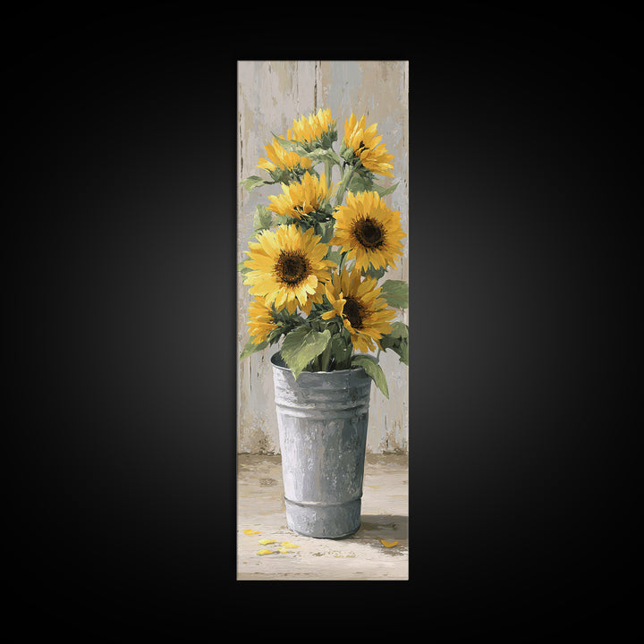 Sunflowers in a Galvanized Metal Bucket Canvas Print, Farmhouse Art, Digital Art, Farmhouse Decor, Oil Painting, Harvest, FAR-1x3-39