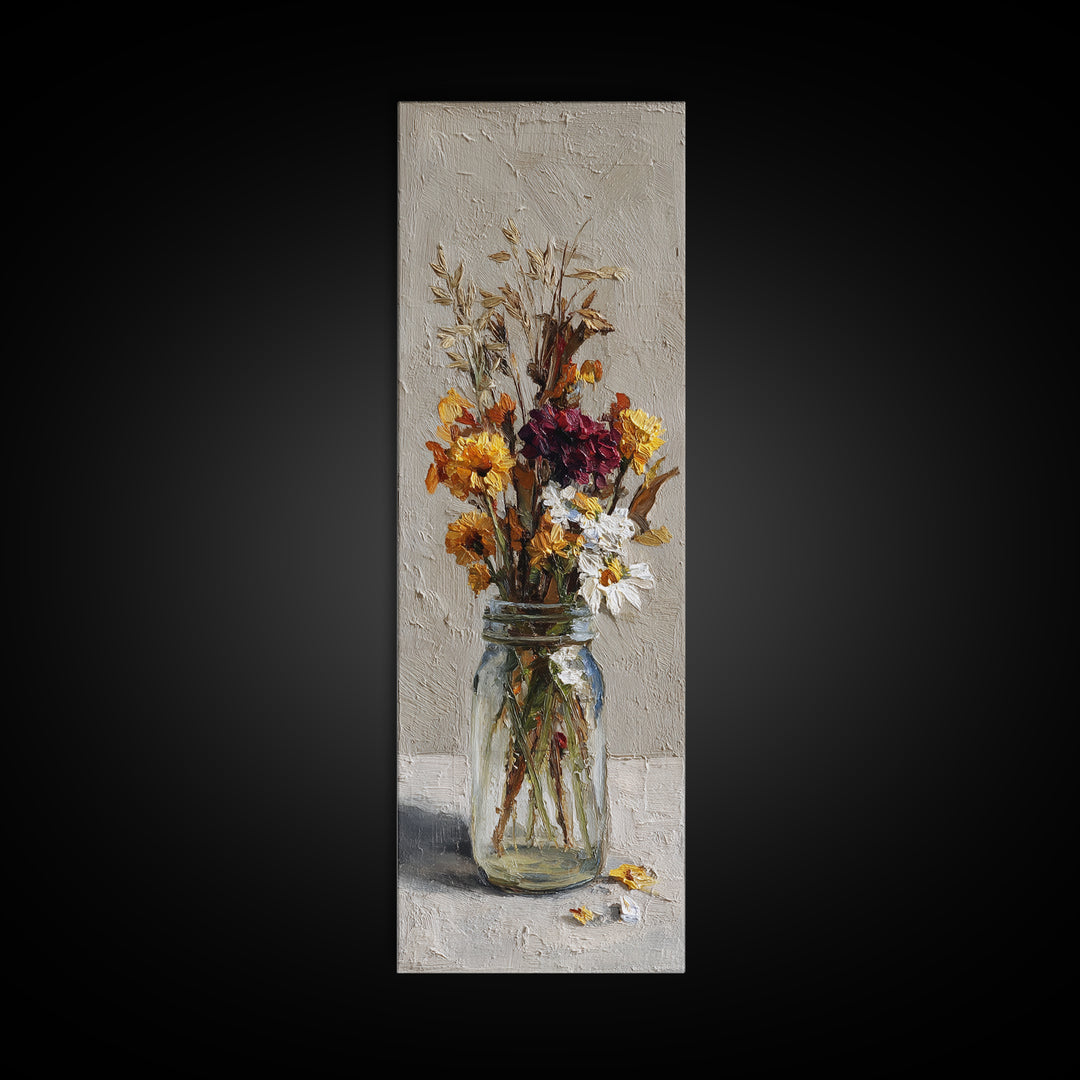 Wildflowers in a Mason Jar on Linen Canvas Print, Farmhouse Art, Printable Wall Art, Farmhouse Decor, Watercolor Art, Harvest, FAR-1x3-43