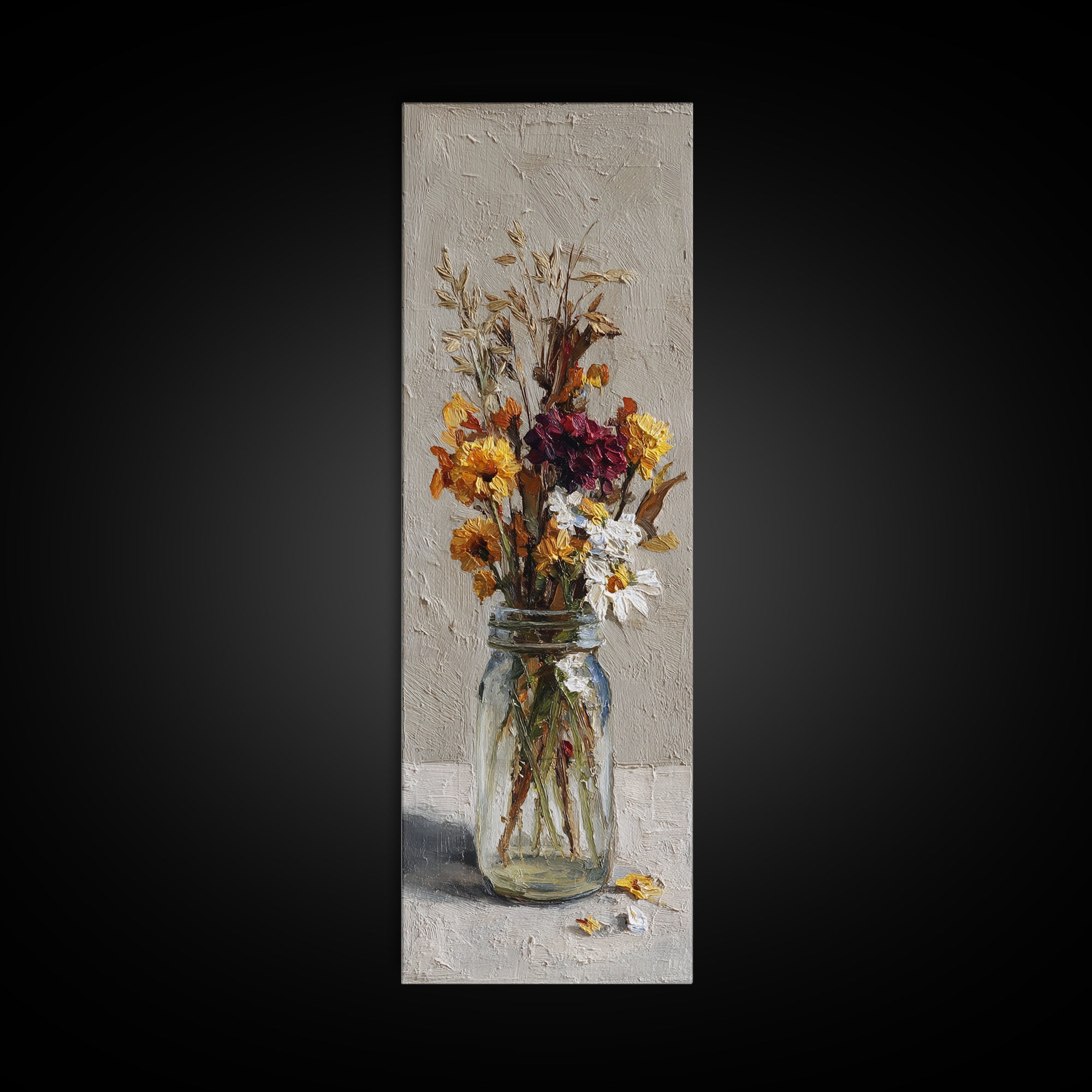 Wildflowers in a Mason Jar on Linen Canvas Print, Farmhouse Art, Printable Wall Art, Farmhouse Decor, Watercolor Art, Harvest, FAR-1x3-43