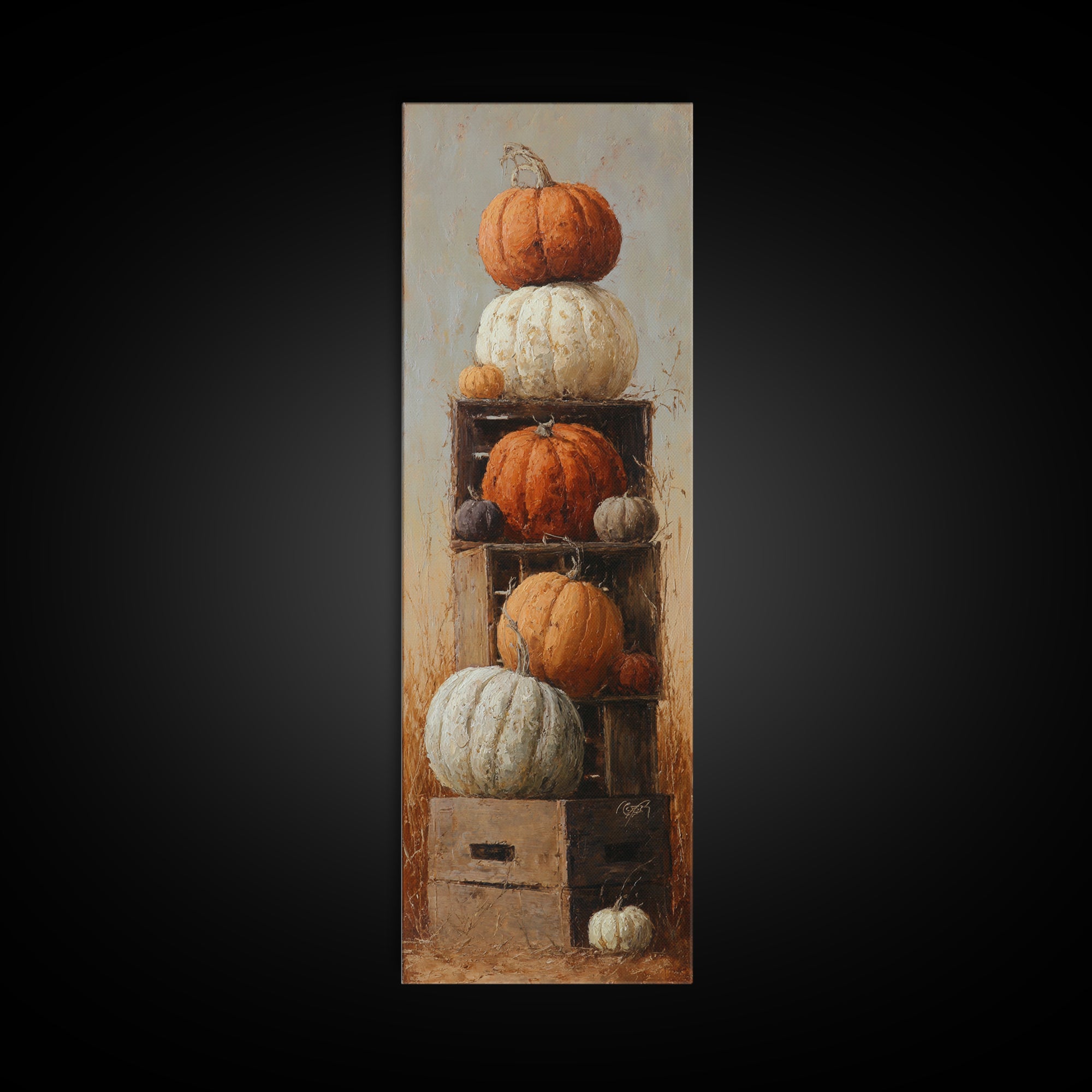 Pumpkins Stacked on a Wooden Crate Canvas Print, Farmhouse Art, Gallery Wall, Farmhouse Decor, Fine Art, Harvest, Art Print, FAR-1x3-49