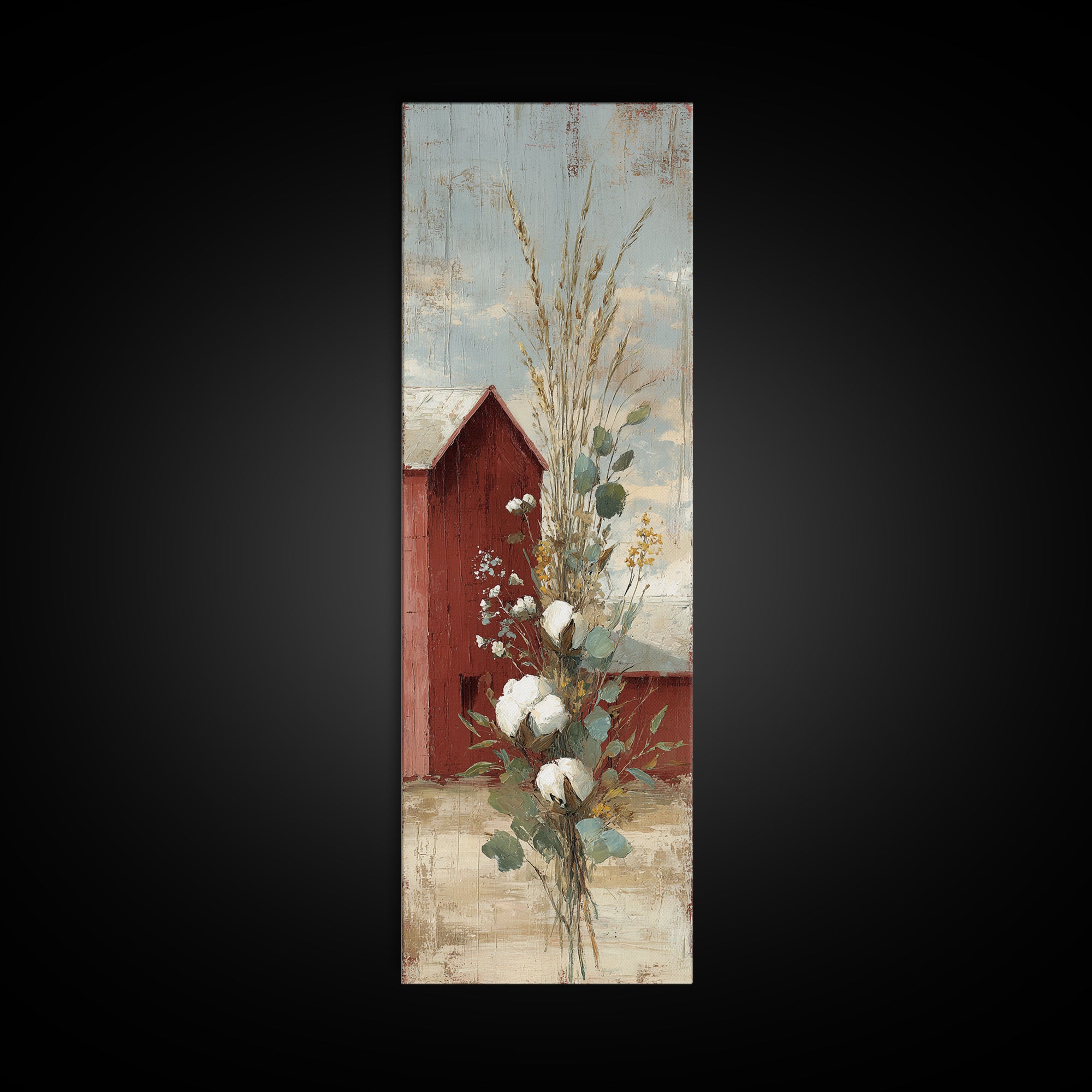 Farmhouse Wreath of Cotton Stems and Eucalyptus Canvas Print, Farmhouse Art, Printable Wall Art, Farmhouse Decor, Harvest, FAR-1x3-56