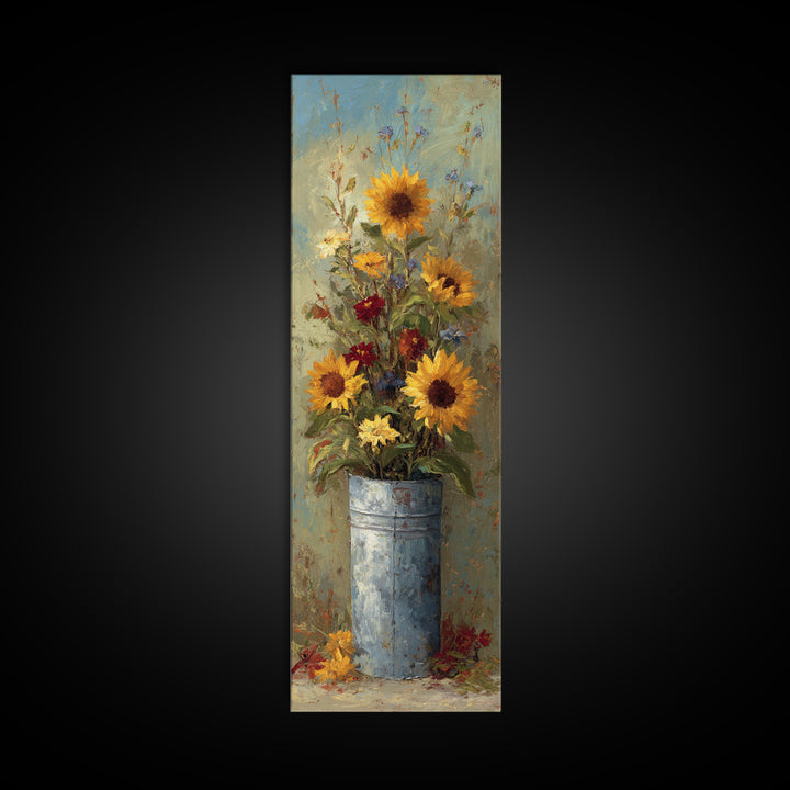 Sunflowers in a Galvanized Metal Bucket Canvas Print, Farmhouse Art, Sage Green Wall Art, Farmhouse Decor, Watercolor Art, FAR-1x3-63