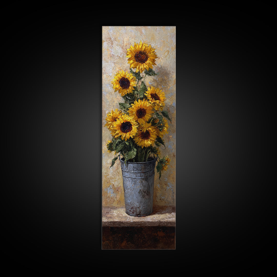 Sunflowers in a Galvanized Metal Bucket Framed Canvas Print, Farmhouse Art, Landscape Painting, Farmhouse Decor, Harvest, FAR-1x3-87
