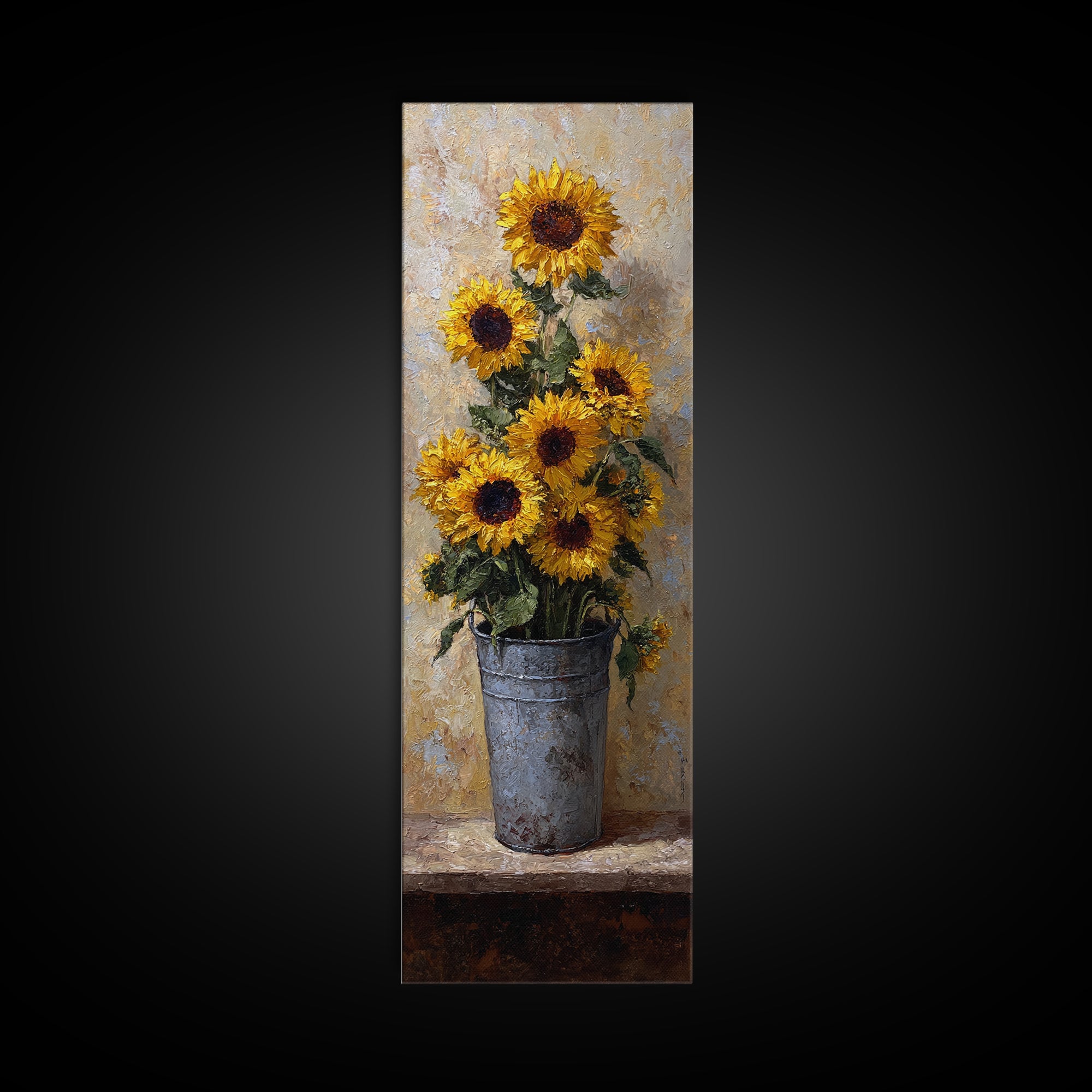 Sunflowers in a Galvanized Metal Bucket Framed Canvas Print, Farmhouse Art, Landscape Painting, Farmhouse Decor, Harvest, FAR-1x3-87