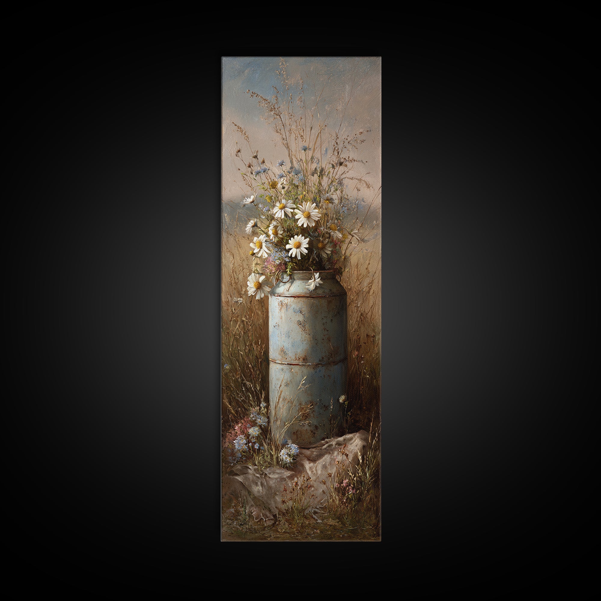 Old Milk Can Framed Canvas Print, Farmhouse Art, Watercolor Painting, Farmhouse Decor, Abstract Art, Harvest, Botanical Art, FAR-1x3-96