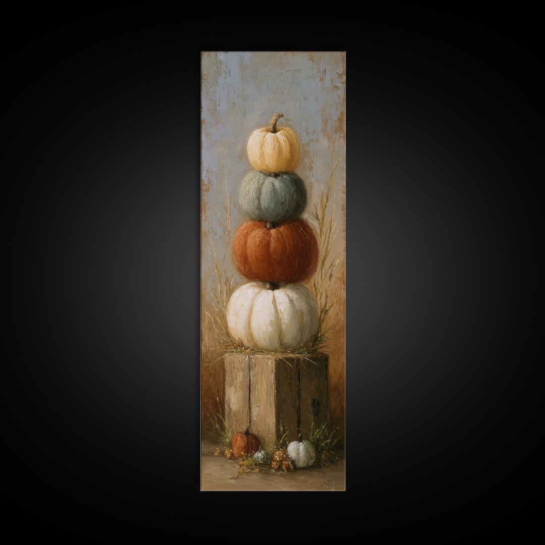 Pumpkins Stacked on a Wooden Crate Canvas Print, Farmhouse Art, Landscape Art, Farmhouse Decor, Oil Painting, Harvest, FAR-1x3-97