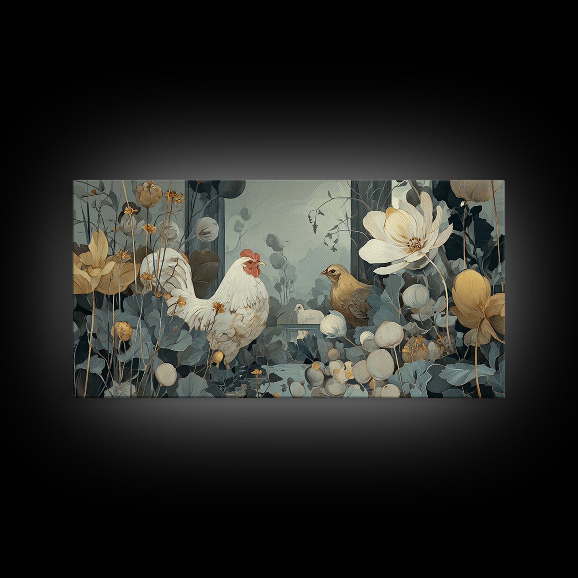 Chicken Family in a Garden Patch Framed Canvas Print, Farmhouse Art, Sage Green Wall Art, Farmhouse Decor, Fine Art, Harvest, FAR-2x1-11
