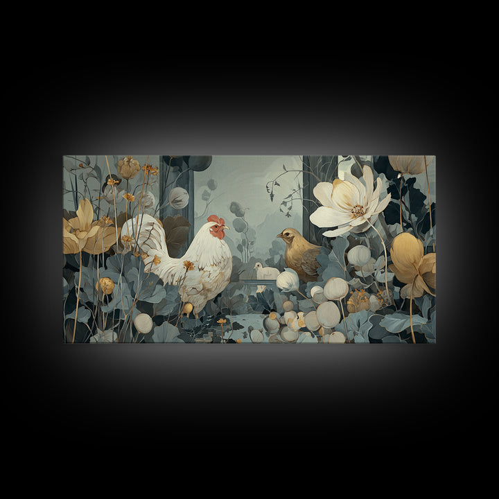 Chicken Family in a Garden Patch Framed Canvas Print, Farmhouse Art, Sage Green Wall Art, Farmhouse Decor, Fine Art, Harvest, FAR-2x1-11