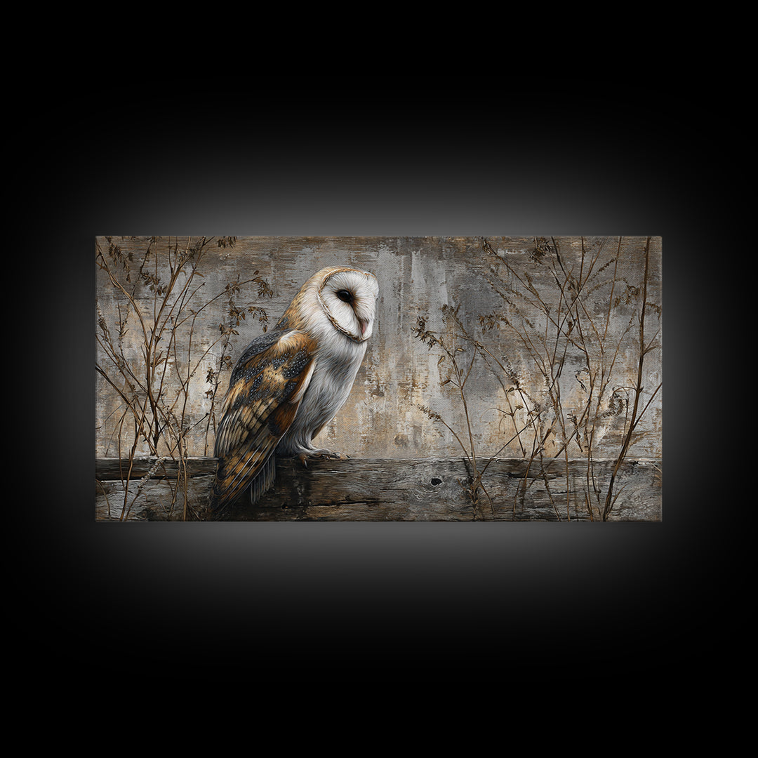 Barn Owl Perched on Aged Wood Framed Canvas Print, Farmhouse Art, Gallery Wall, Farmhouse Decor, Fine Art, Harvest, Art Print, FAR-2x1-19