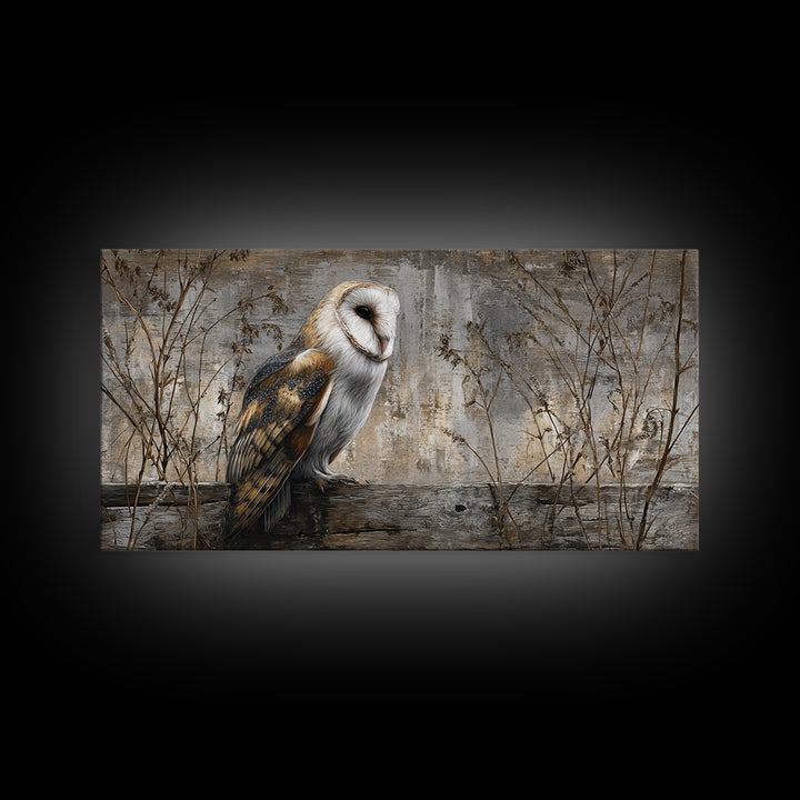 Barn Owl Perched on Aged Wood Framed Canvas Print, Farmhouse Art, Gallery Wall, Farmhouse Decor, Fine Art, Harvest, Art Print, FAR-2x1-19
