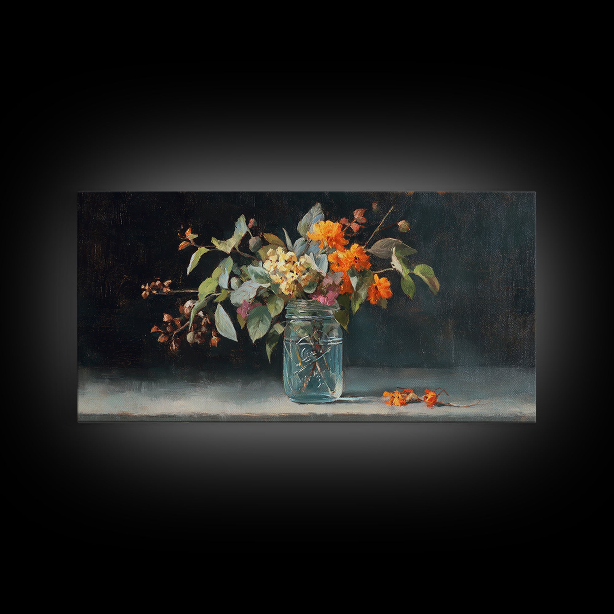 Wildflowers in a Mason Jar on Linen Framed Canvas Print, Farmhouse Art, Fine Art Print, Farmhouse Decor, Fine Art, Harvest, FAR-2x1-27