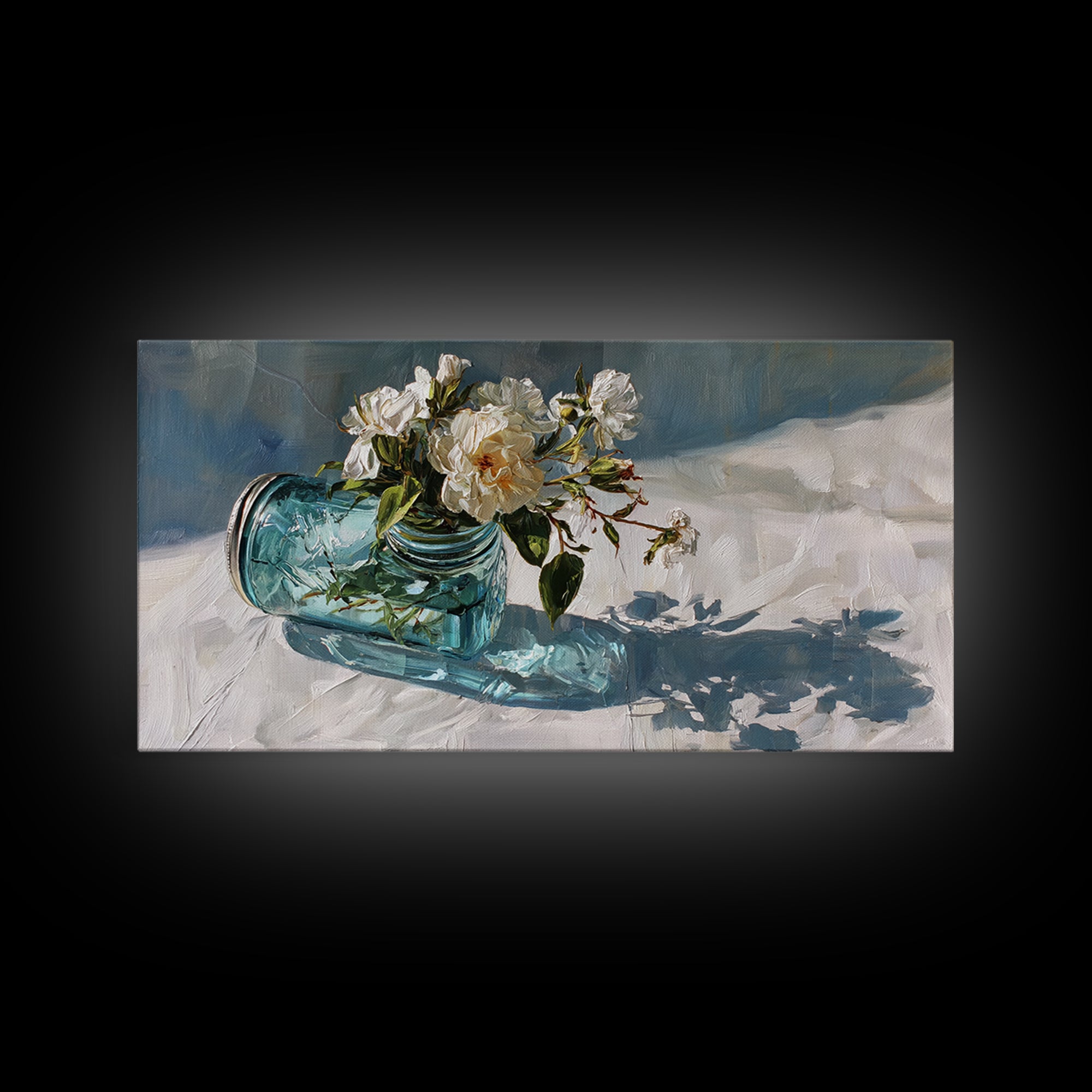 Wildflowers in a Mason Jar on Linen Framed Canvas Print, Farmhouse Art, Digital Print, Farmhouse Decor, Oil Painting, Harvest, FAR-2x1-3