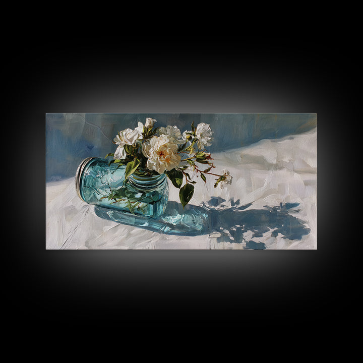 Wildflowers in a Mason Jar on Linen Framed Canvas Print, Farmhouse Art, Digital Print, Farmhouse Decor, Oil Painting, Harvest, FAR-2x1-3